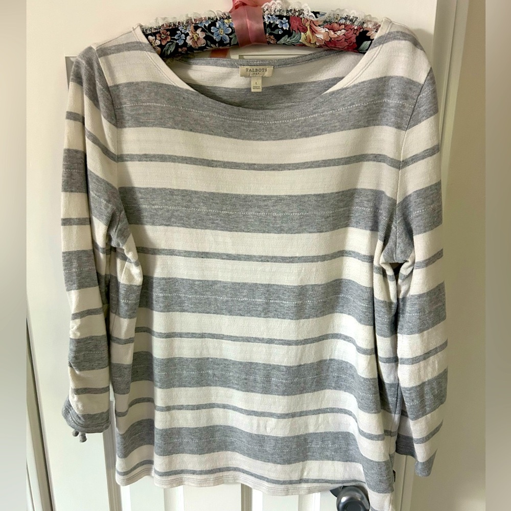 Talbots Heather Gray and White Striped Top